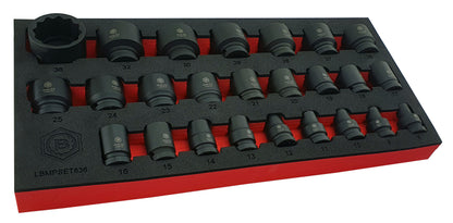 Britool Hallmark 25 piece 1/2" drive black impact socket set in foam tray with sizes 8-36mm with a 12 point profile.