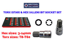 BRITOOL Hallmark Torx and Hex bit socket set shown in tool control foam, showing sockets, and size information of 3-14mm & T8-T60.