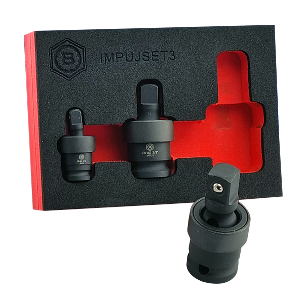 3 Piece Britool Hallmark black impact universal joint tools in black and red tool foam with Hallmark branding.