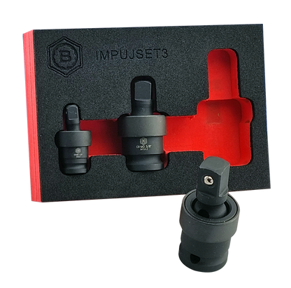 3 Piece Britool Hallmark black impact universal joint tools in black and red tool foam with Hallmark branding.