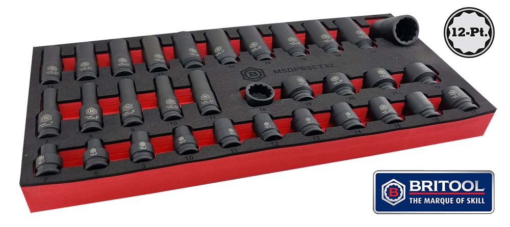 32 piece set of 12 point profile, standard and deep black impact sockets from Britool Hallmark supplied in branded foam tray.