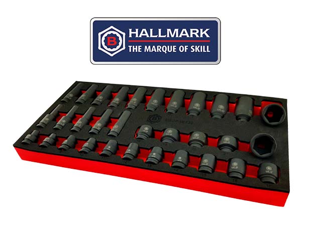Britool Hallmark 32 piece 3/8" drive black impact socket set in tool control foam.  Standard and deep 6 point sockets. Part ref MSDPSET32