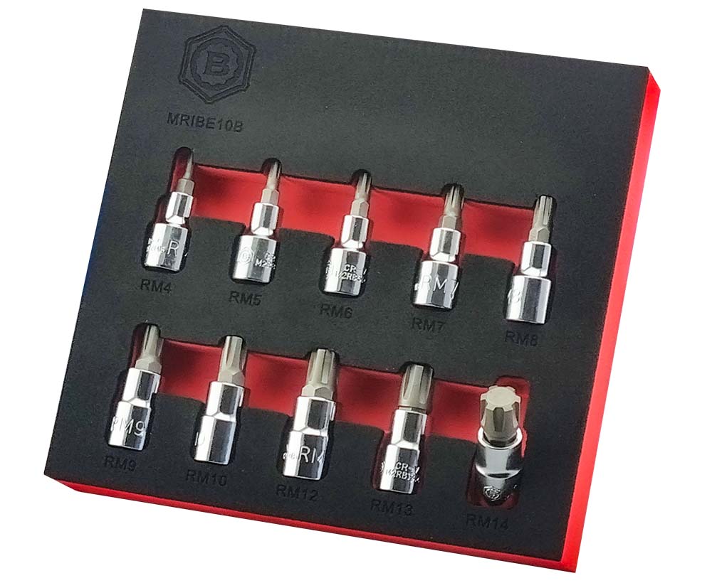 Set of chrome Britool Hallmark branded Ribe head bit sockets in a tool control tray. Sizes M4 to M14.