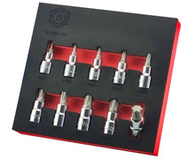 Set of chrome Britool Hallmark branded Ribe head bit sockets in a tool control tray. Sizes M4 to M14.