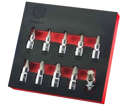 Set of chrome Britool Hallmark branded Ribe head bit sockets in a tool control tray. Sizes M4 to M14.