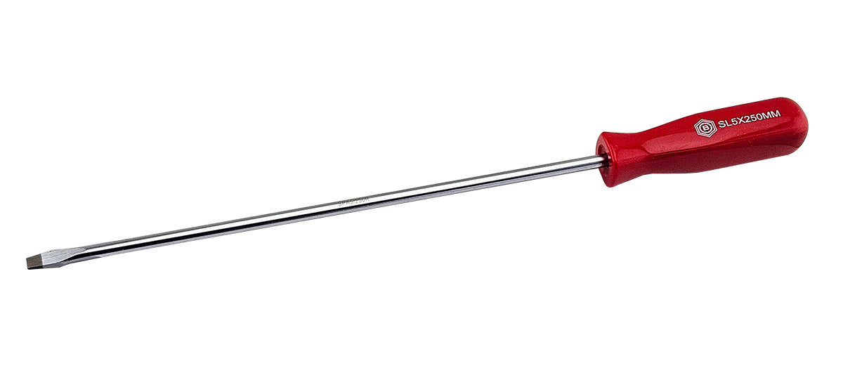 Red Handled Parallel tip screwdriver from Britool Hallmark, shows branding and size
