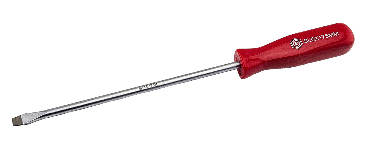 Red Handled Parallel tip screwdriver from Britool Hallmark, shows branding and size