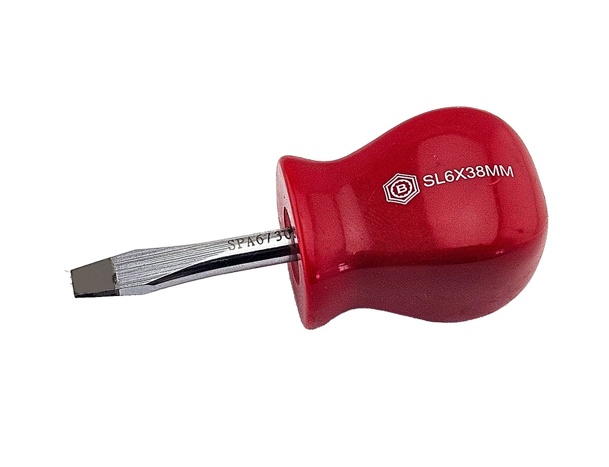 Red Handled Parallel slotted tip stubby length screwdriver from Britool Hallmark, shows branding and size