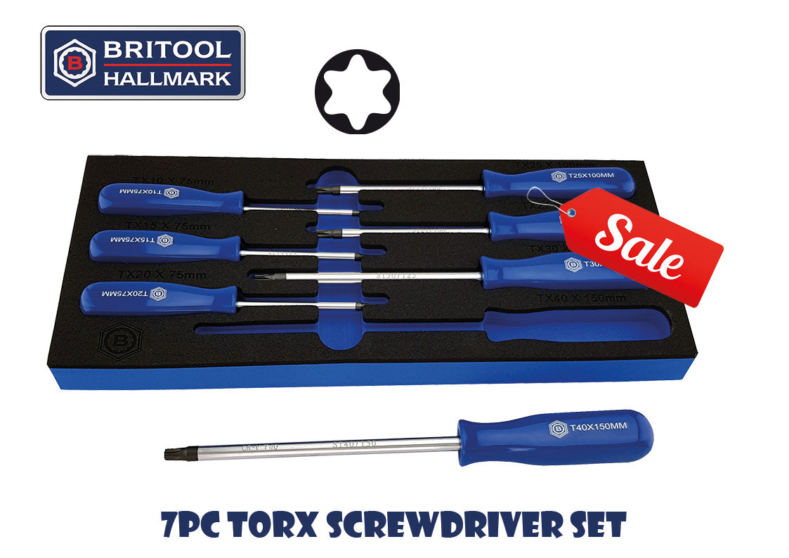 7-piece Torx screwdriver set with Britool Hallmark branding on a white background