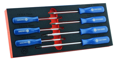 Britool Hallmark 7 piece blue handled Torx screwdriver set in tool control storage foam.