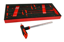 An 8-piece T-Bar Allen key set with bi-material red and black handles, . displayed alongside a foam storage foam. T-handles have standard hexagon end on short handle and ball ended wobble end on long handle.