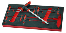 An 8 piece Britool Hallmark T-handle Allen key set with red and black handles, laid out on a black tool control foam insert.