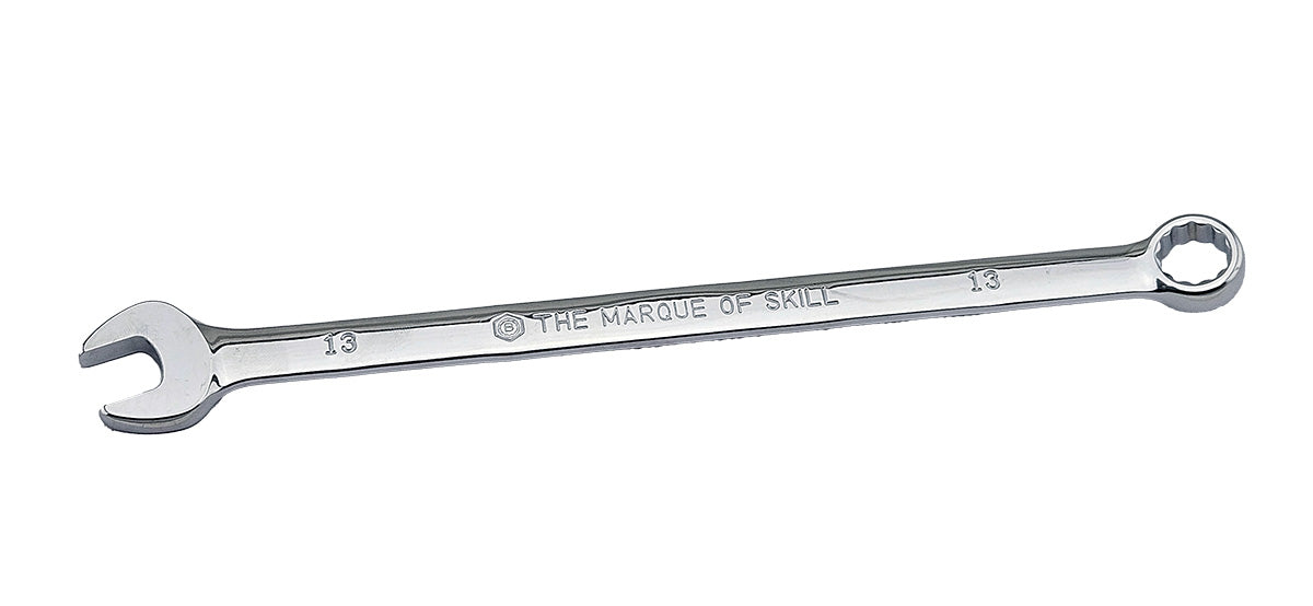 13mm Extra Long Britool Hallmark Combination Spanner in high polished chrome showing part number, branding and size.