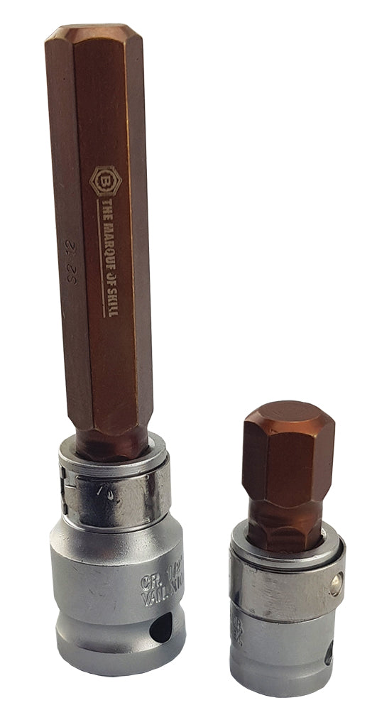 Set two Britool Hallmark Hex screwdriver bits in holders from the HMBIT40S2 set, to show design of screwdriver bits.