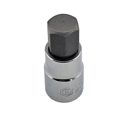 Britool Hallmark 14mm short hexagon bit socket from the M2BTSET22 set, chrome bit socket on white background