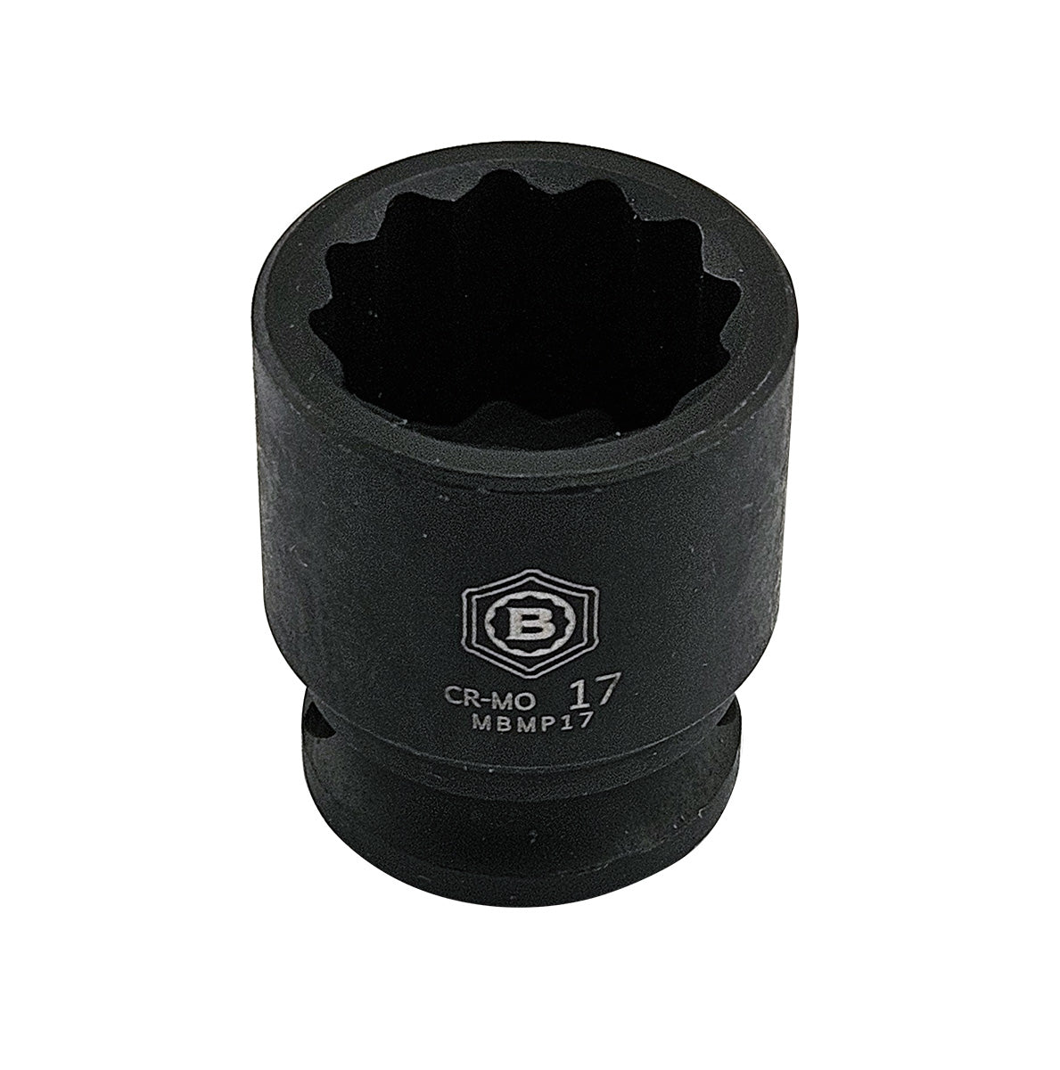 Britool Hallmark 17mm Black impact socket, standard depth with 12 point bi-hexagon profile with brand logo and size.
