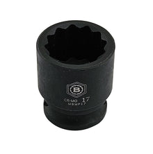 Britool Hallmark 17mm Black impact socket, standard depth with 12 point bi-hexagon profile with brand logo and size.