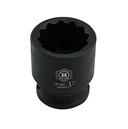 Britool Hallmark 17mm Black impact socket, standard depth with 12 point bi-hexagon profile with brand logo and size.