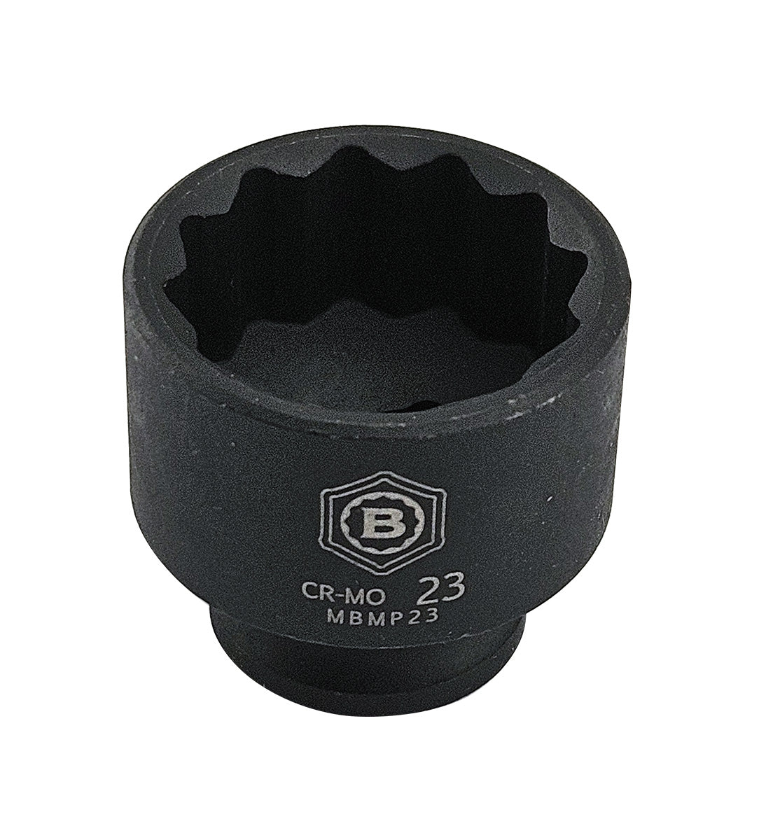 Britool Hallmark 23mm Black impact socket, standard depth with 12 point bi-hexagon profile with brand logo and size.