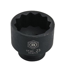 Britool Hallmark 23mm Black impact socket, standard depth with 12 point bi-hexagon profile with brand logo and size.