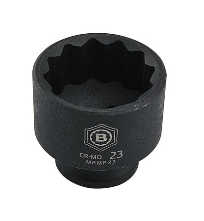 Britool Hallmark 23mm Black impact socket, standard depth with 12 point bi-hexagon profile with brand logo and size.