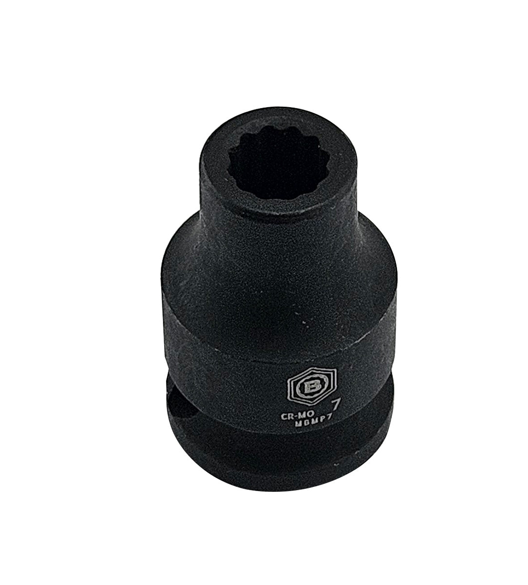 Britool Hallmark 7mm Black impact socket, standard depth with 12 point bi-hexagon profile with brand logo and size.