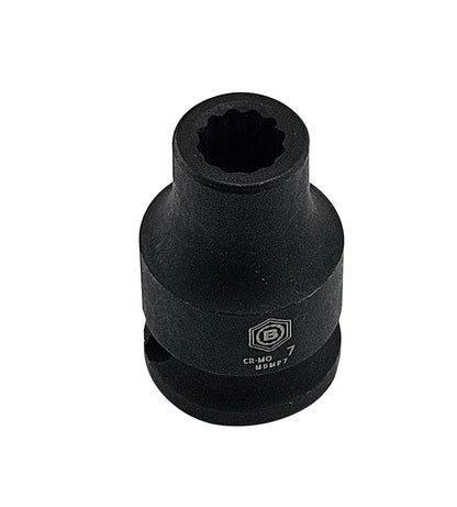 Britool Hallmark 7mm Black impact socket, standard depth with 12 point bi-hexagon profile with brand logo and size.