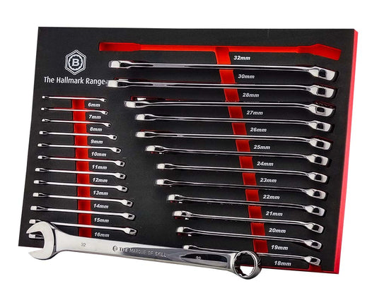 Set of 25 metric combination spanners from Britool Hallmark range shown in tool control foam with branding and size indicators.