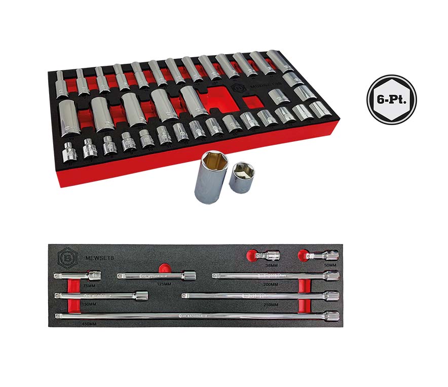Britool Hallmark 3/8 socket set standard and deep sockets with foam tray  with 8pc wobble extension  bar set.