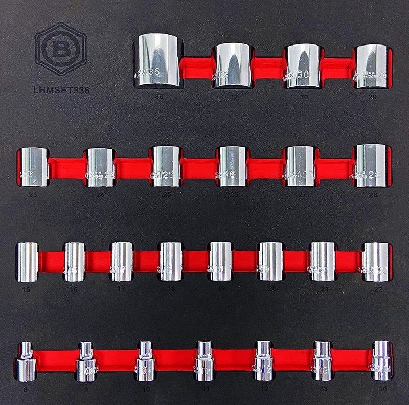 Britool Hallmark V3 25 piece 1/2 inch drive 6 point chrome socket set 8mm to 36mm in Tool Control EVA foam tray