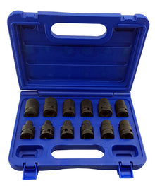 A set of Britool 1/2 inch drive, 6-point metric impact sockets in sizes 8mm to 19mm, displayed in an open blue case.