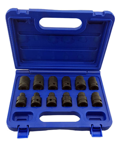 A set of Britool 1/2 inch drive, 6-point metric impact sockets in sizes 8mm to 19mm, displayed in an open blue case.