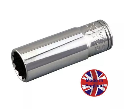 Britool England 3/8" drive deep 12 point metric socket, high polished chrome finished and stamped Britool England.