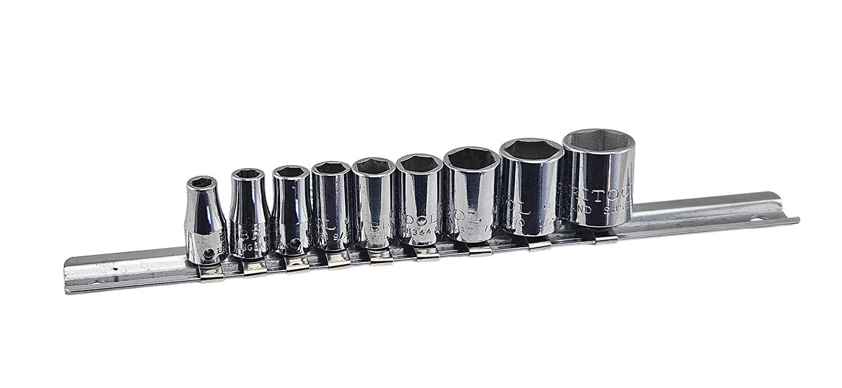 Britool England 9c 1/4" Drive Chrome Hex AF socket set on a rail