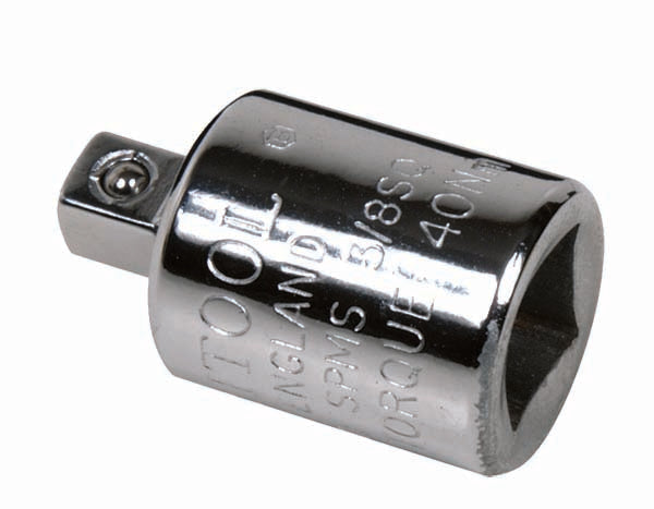 A polished chrome adapter with 3/8 inch female to 1/4 inch male threading, marked with the Britool England brand.