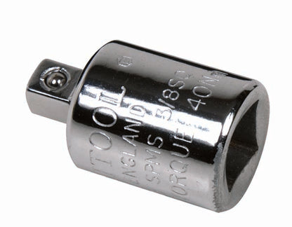 A polished chrome adapter with 3/8 inch female to 1/4 inch male threading, marked with the Britool England brand.