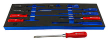 Britool Hallmark combination screwdriver set containing slotted, flared, phillips and Pozi drive heads with colour coded handles in tool control tray.