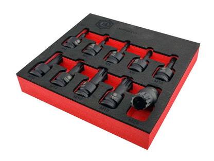 A 10 piece set of black spline xzn impact driver bits from M4-M20 arranged neatly in a red foam tray, from the Britool Hallmark range.