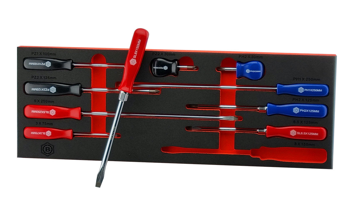 Britool Hallmark 10pc Combination Screwdriver set in tool foam, with colour coded handles. Slotted, Pozi and Philips Heads.