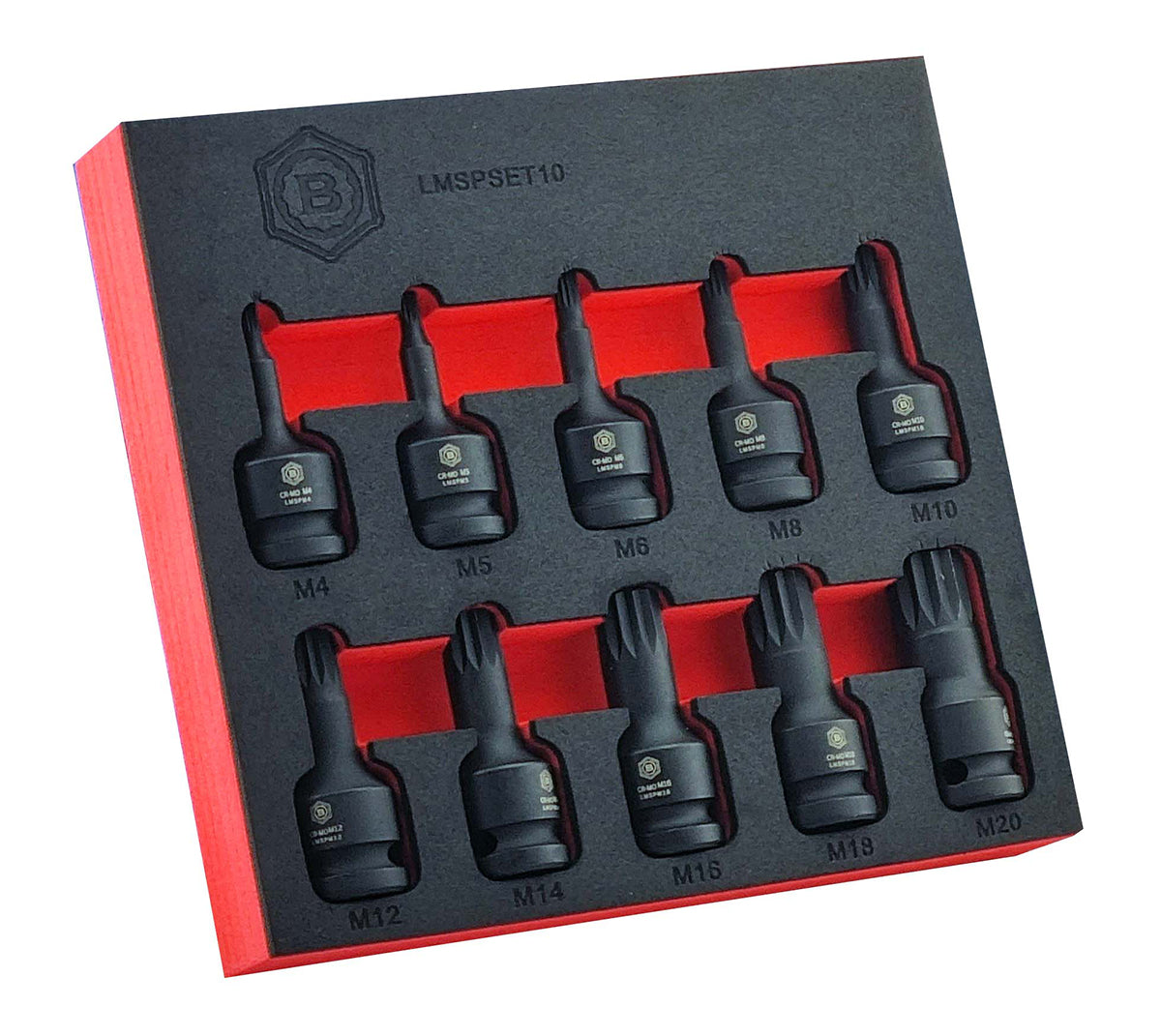 Britool Hallmark 10 piece XZN impact bit sockets M4 to M20 supplied in tool control EVA storage foam.