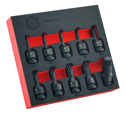 Set of 10 1/2" drive spline impact socket drivers from M4 to M20 from Britool Hallmark.