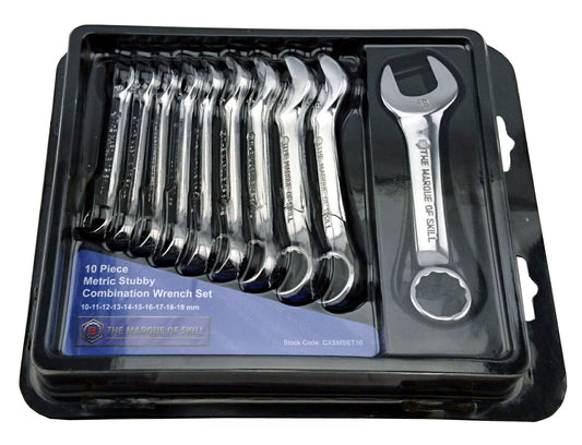 Britool Hallmark 10 piece stubby combination spanner set 10mm to 19mm with 12 point bi-hexagon ring ends and open jaws
