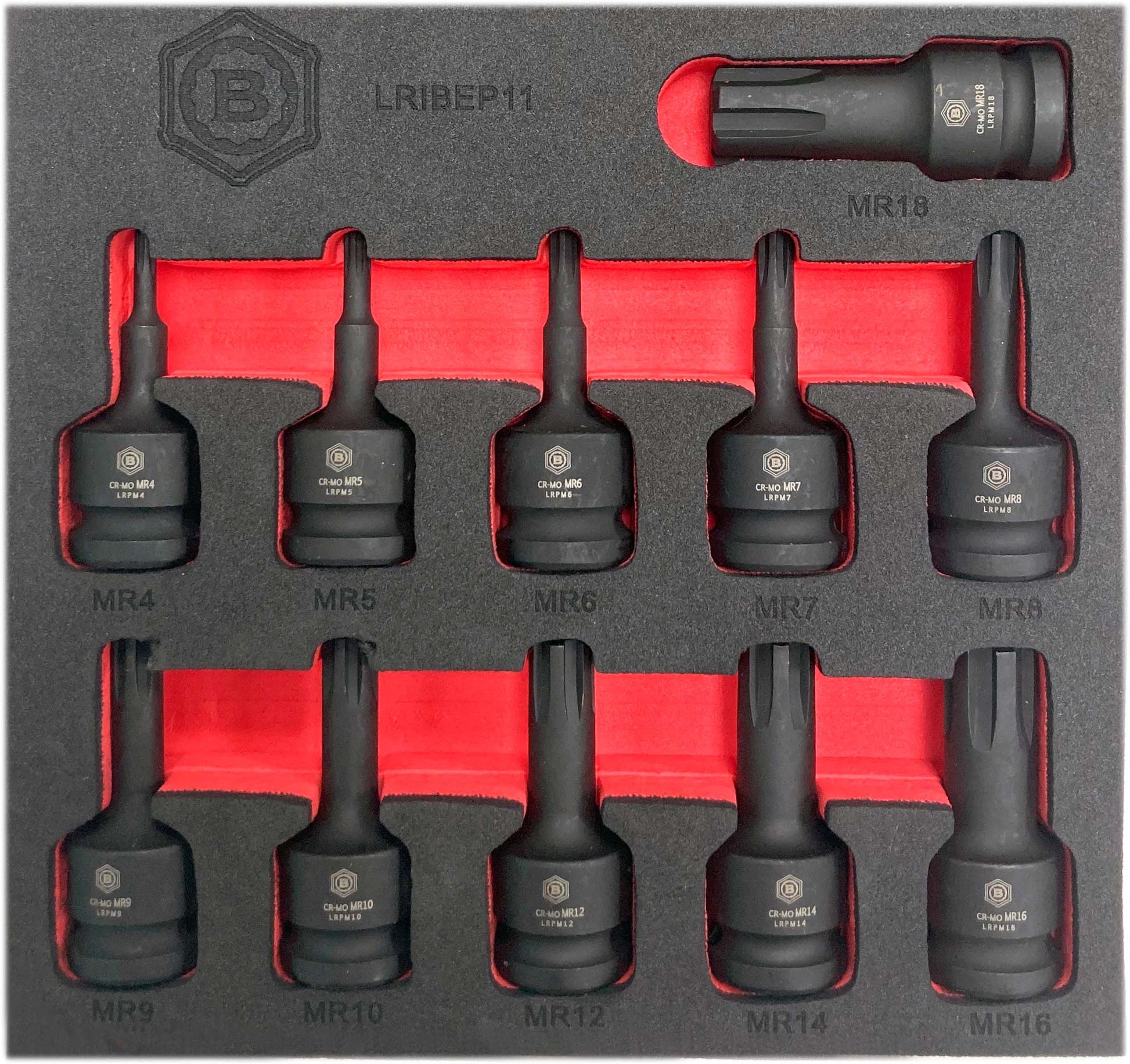 Set of 11 Ribe impact bit sockets in 1/2" square drive from the Britool Hallmark range.  Supplied in size marked and branded EVA foam tool tray for ease of reference and storage.