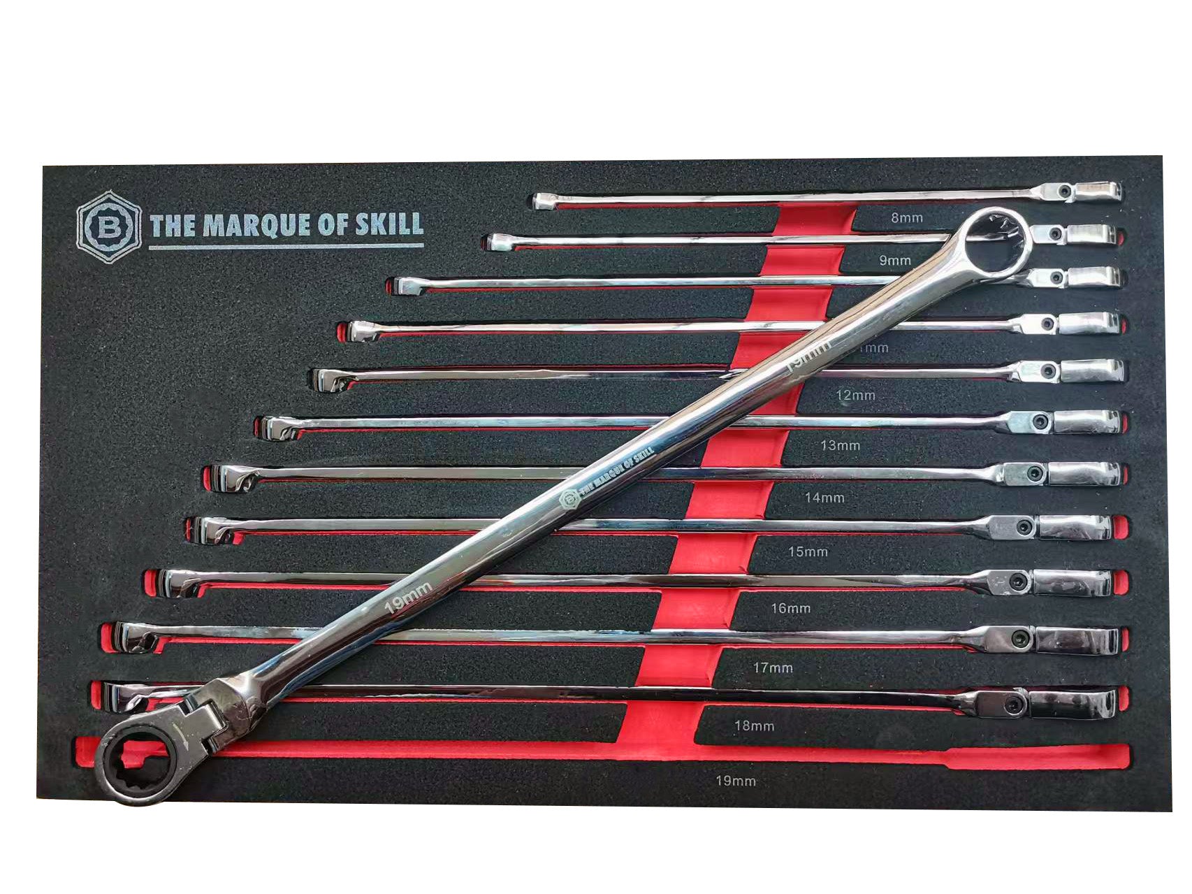 12 piece extra long flat flexi ring ratchet spanner set from Britool Hallmark.  Supplied in branded tool control foam tray for ease of reference and storage.  Individual sizes are available separately if required.