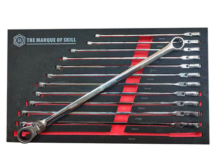 12 piece extra long flat flexi ring ratchet spanner set from Britool Hallmark.  Supplied in branded tool control foam tray for ease of reference and storage.  Individual sizes are available separately if required.