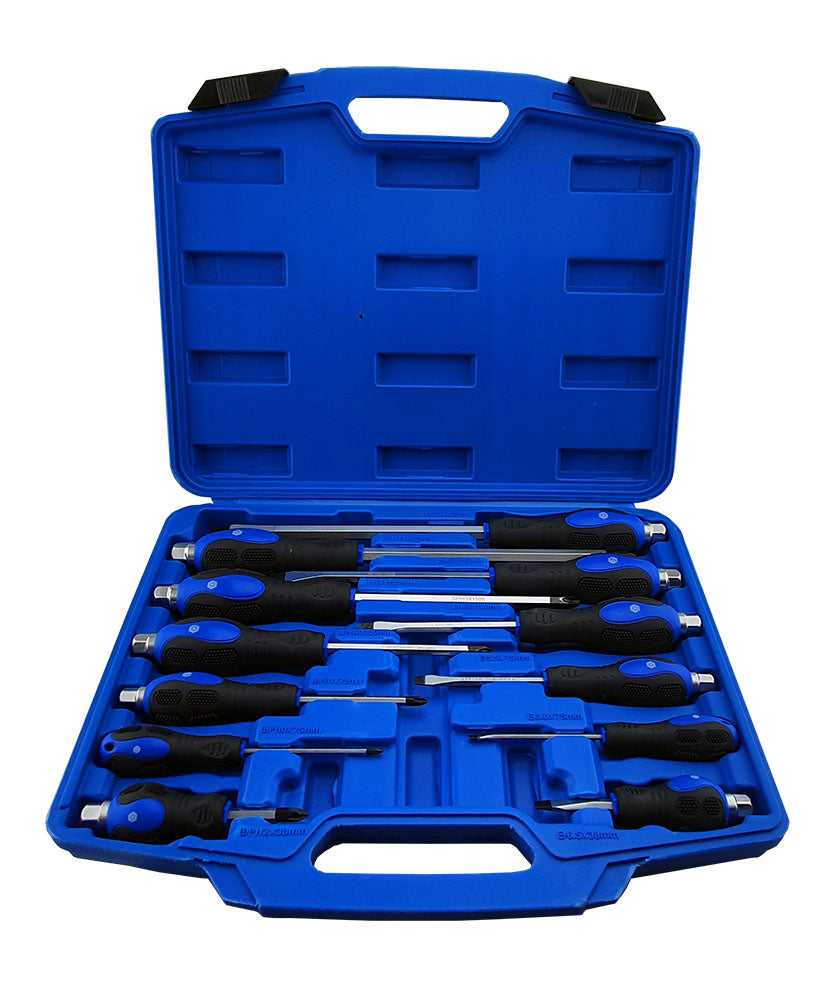 Britool Hallmark 12 piece slotted and Phillips head blue handled screwdriver set with hammer cap end.  Supplied in blow moulded plastic storage box.