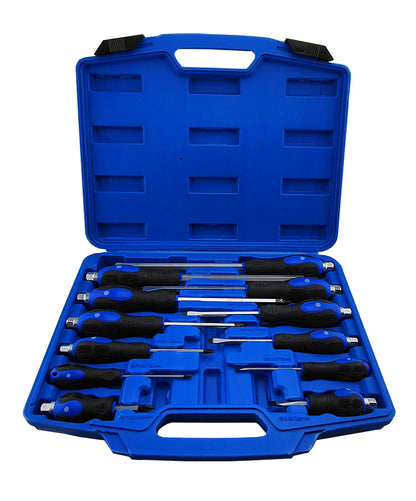 Britool Hallmark 12 piece slotted and Phillips head blue handled screwdriver set with hammer cap end.  Supplied in blow moulded plastic storage box.