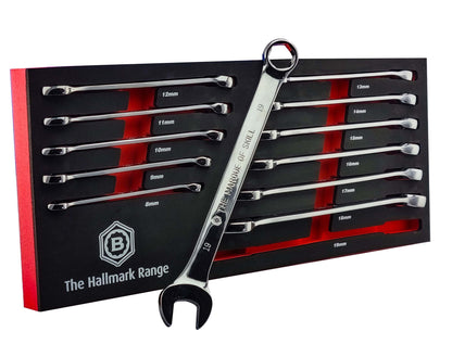 Britool Hallmark 12 piece 6 point combination spanner set from 8-19mm, supplied in tool control foam tray.
