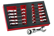 Britool Hallmark 12pc stubby ratchet spanner set with flexi head for better access. Supplied in tool control foam tray, covers sizes 8-19mm