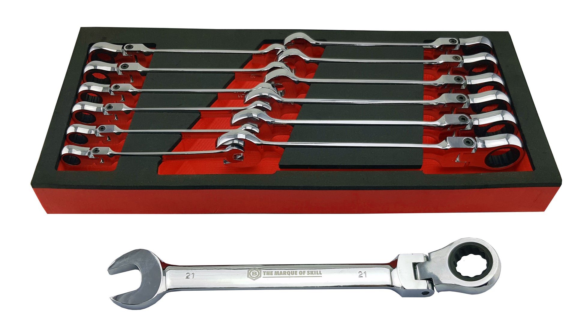 Britool Hallmark 13 piece flexi head ratchet spanner set covering metric sizes 8-21mm and supplied in neat EVA storage foam tray.